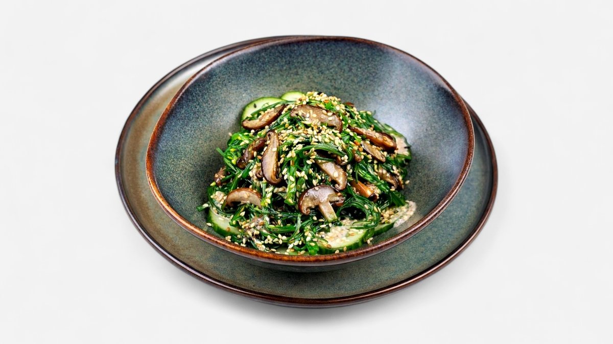 Салат из водорослей вакаме с грибами шиитаке и огурцом